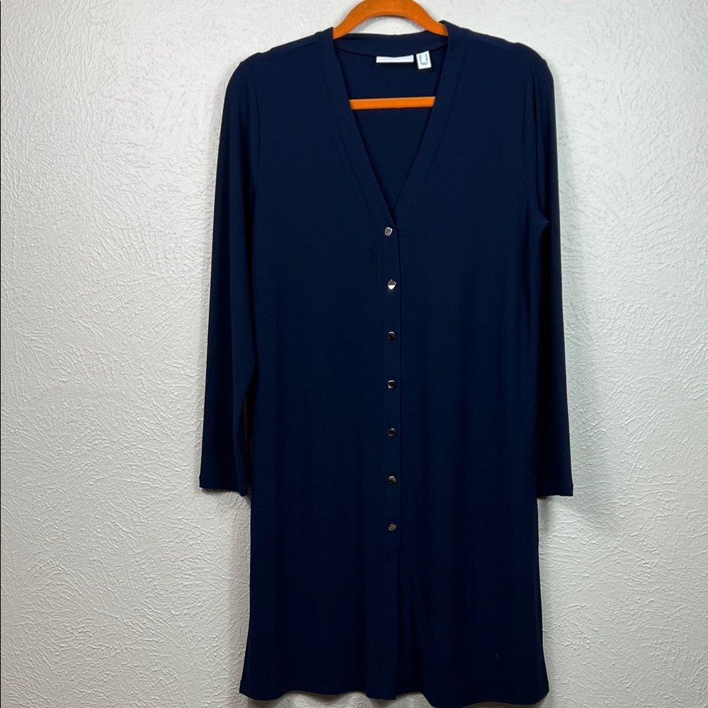Susan Graver Liquid Knit Textured Navy Blue V-Neck Long Cardigan Small